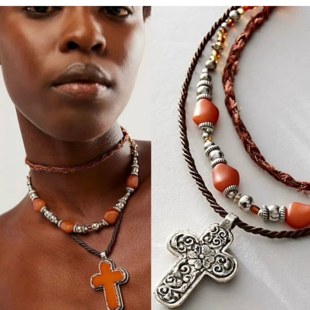 Free People Silver and Orange Layered Necklace